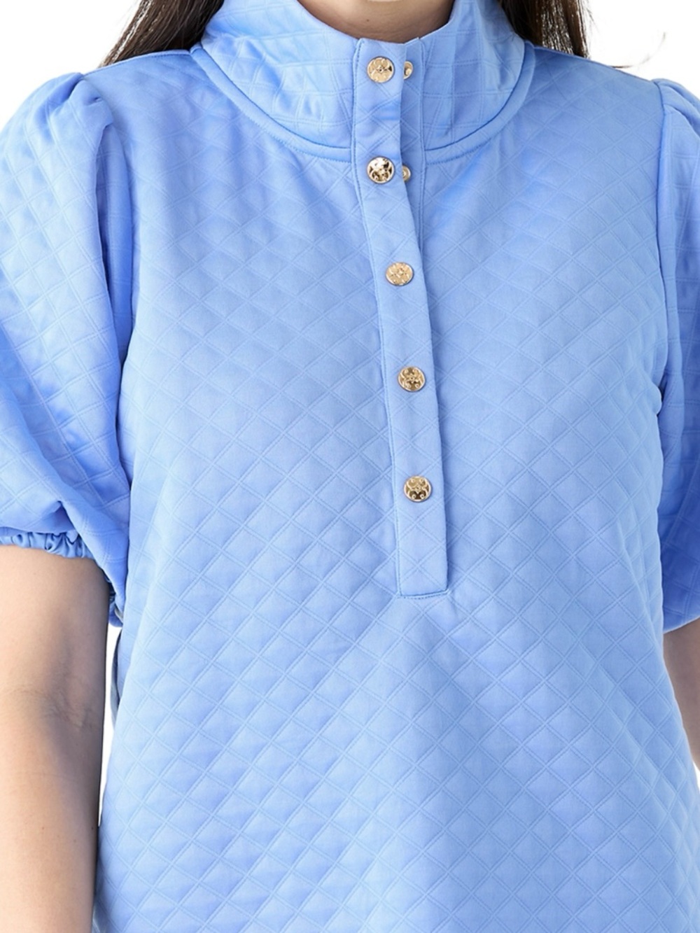 MARY SQUARE Quilted Puff-Sleeve Polo Tunic COLOR IS PINK (not blue) Size Small